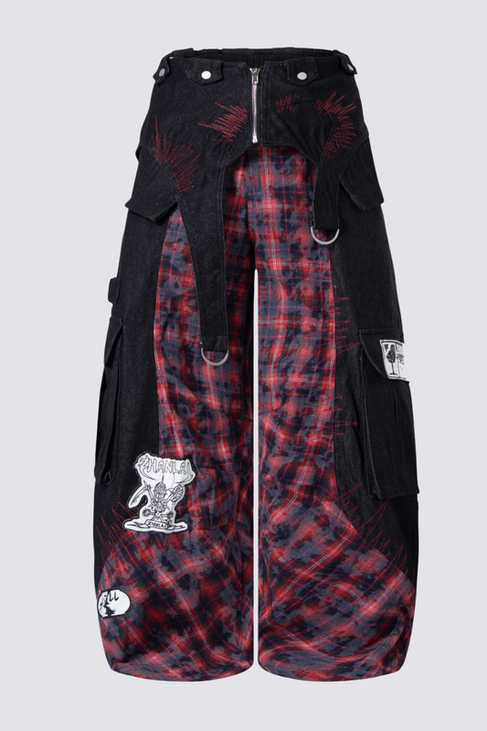 Night Mileage Embroidery Plaid Barrel Jeans Red