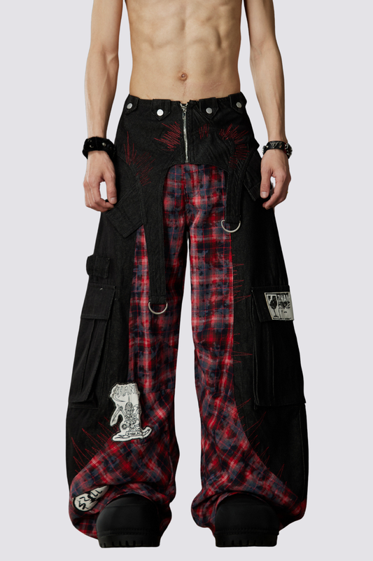 Night Mileage Embroidery Plaid Barrel Jeans Red