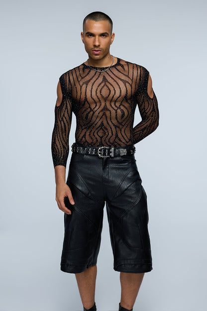 Nova Stud Rhinestone Cutout Long Sleeve Bodysuit Black