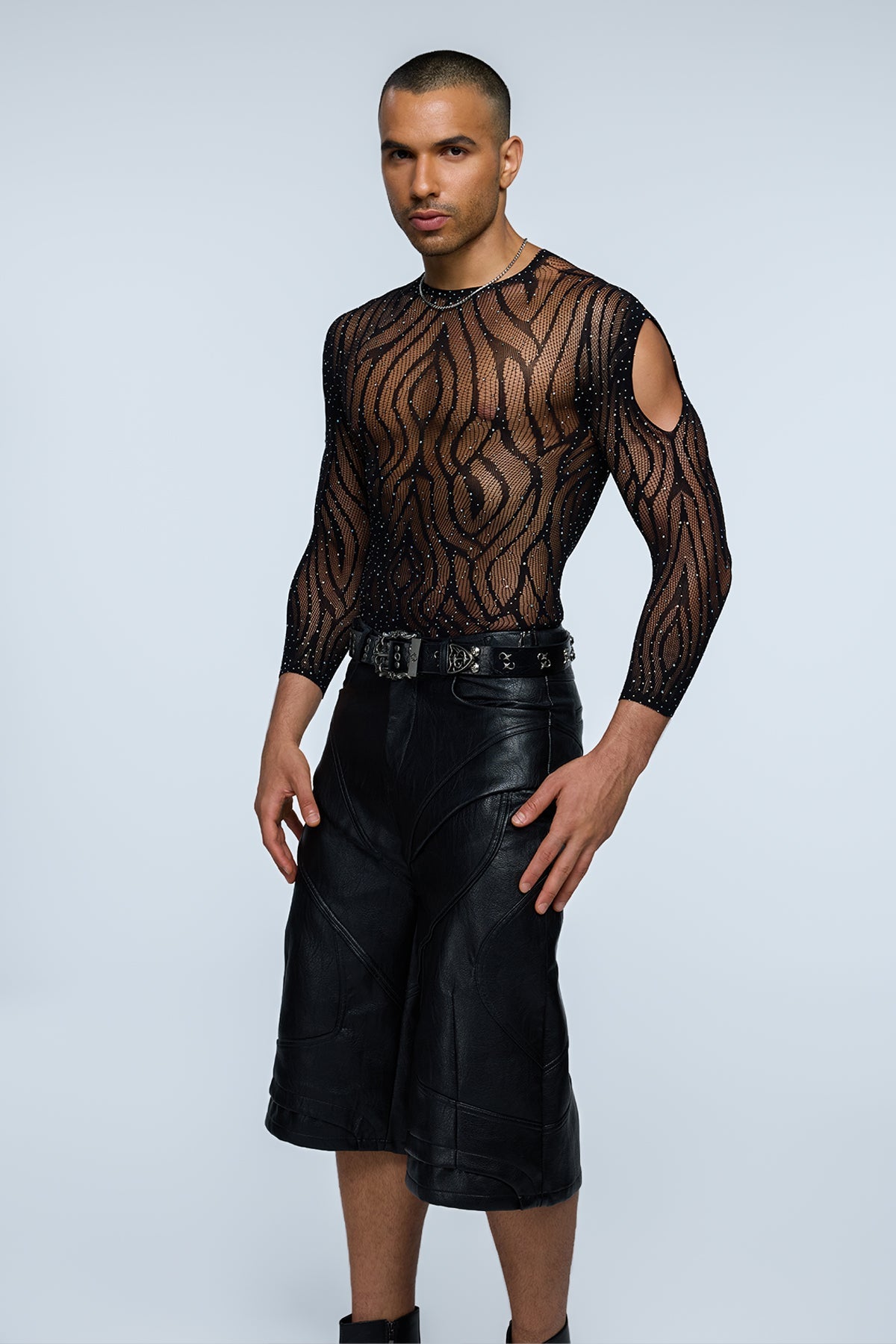 Nova Stud Rhinestone Cutout Long Sleeve Bodysuit Black