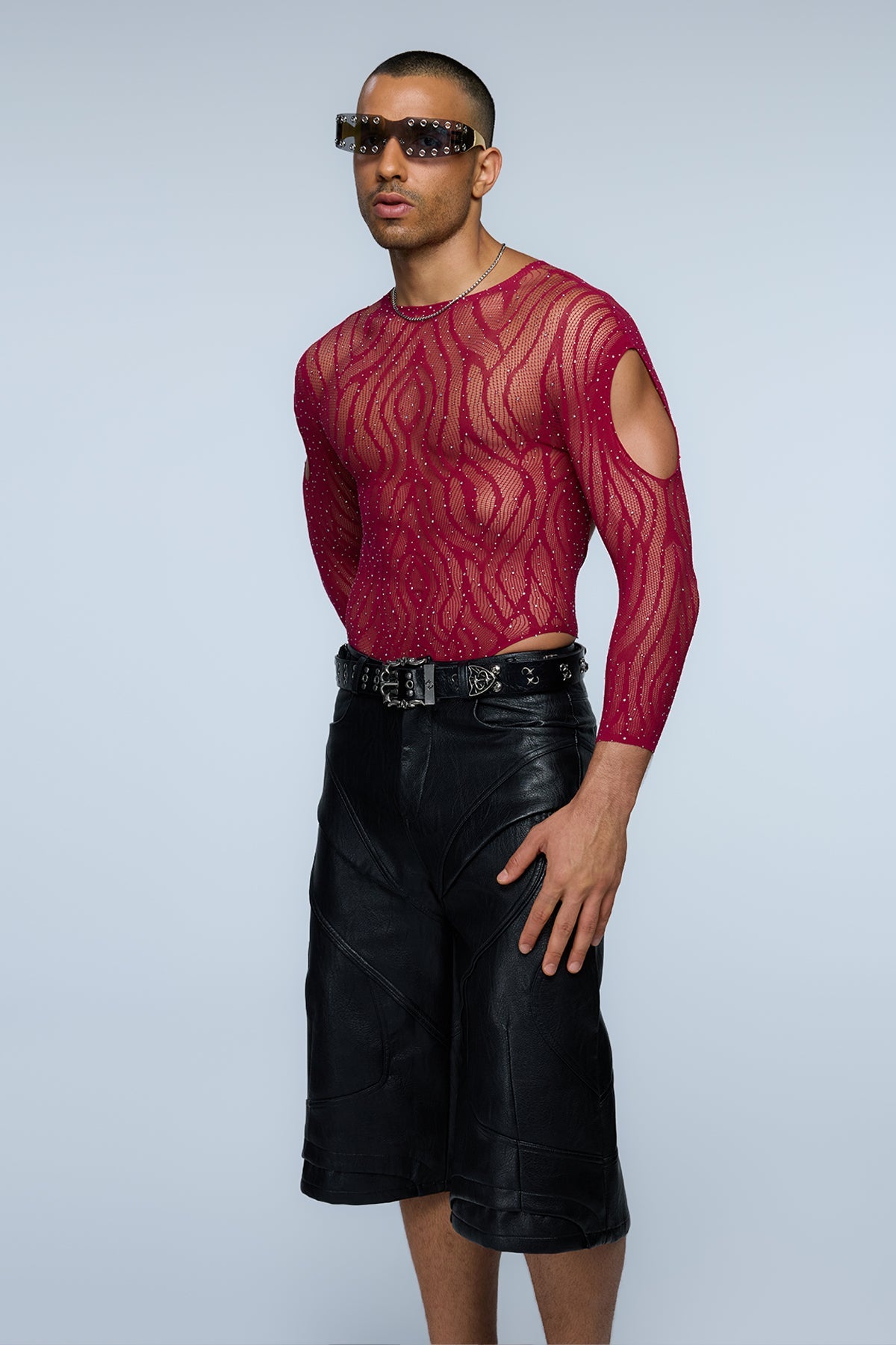 Nova Stud Rhinestone Cutout Long Sleeve Bodysuit Wine