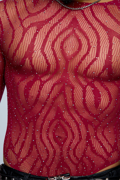Nova Stud Rhinestone Cutout Long Sleeve Bodysuit Wine
