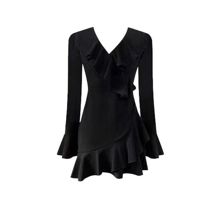 Black Ruffle Long Sleeve V-Neck Dress