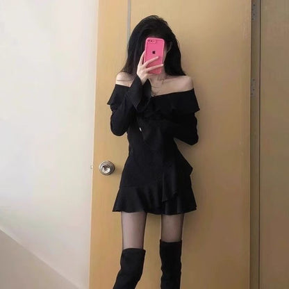 Black Ruffle Long Sleeve V-Neck Dress