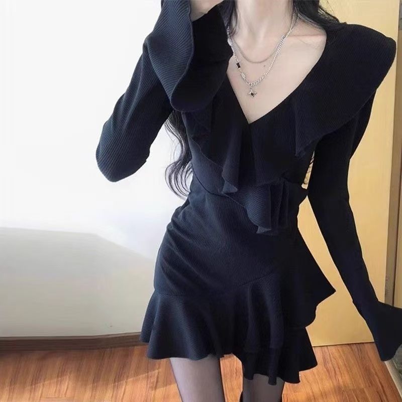 Black Ruffle Long Sleeve V-Neck Dress
