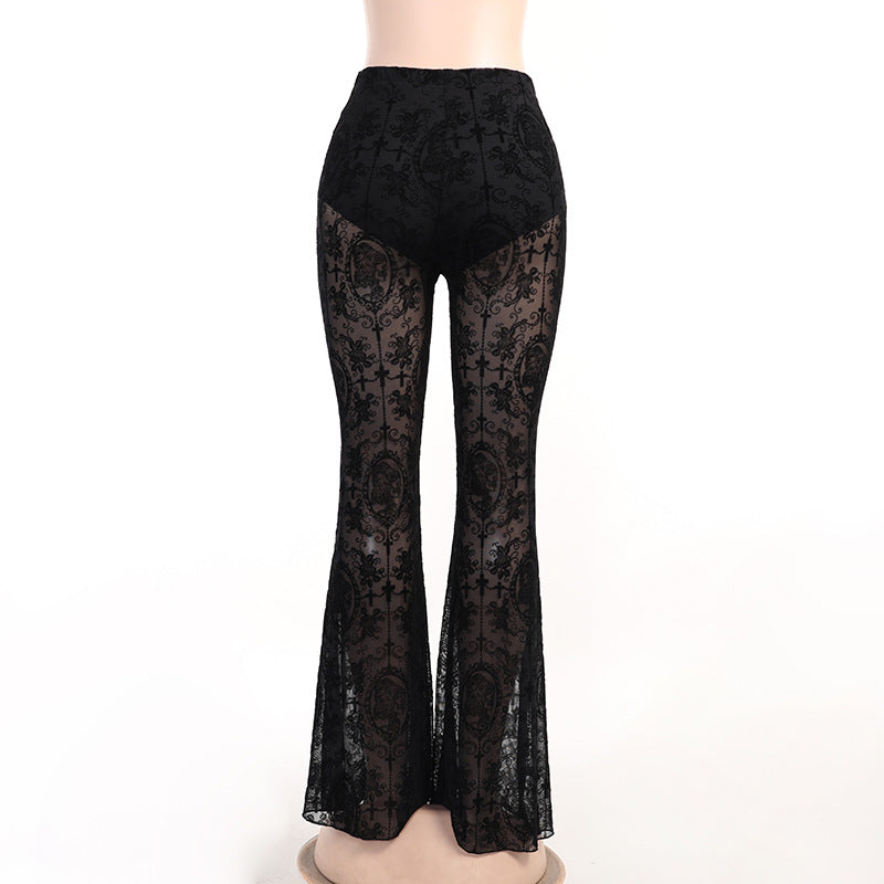 High-Waist Gothic Lace Flare Pants
