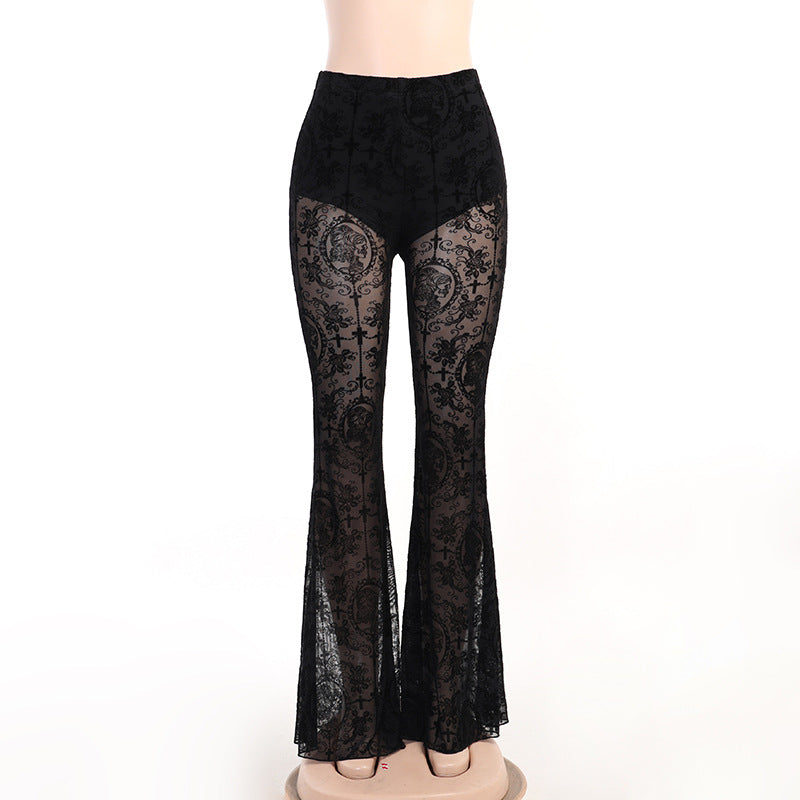 High-Waist Gothic Lace Flare Pants