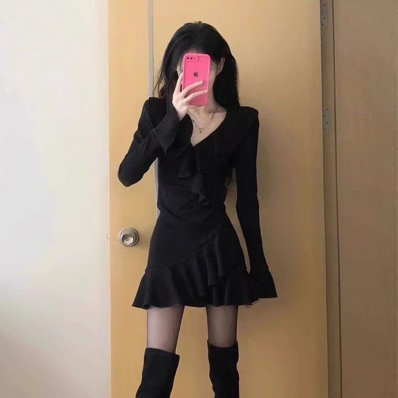 Black Ruffle Long Sleeve V-Neck Dress
