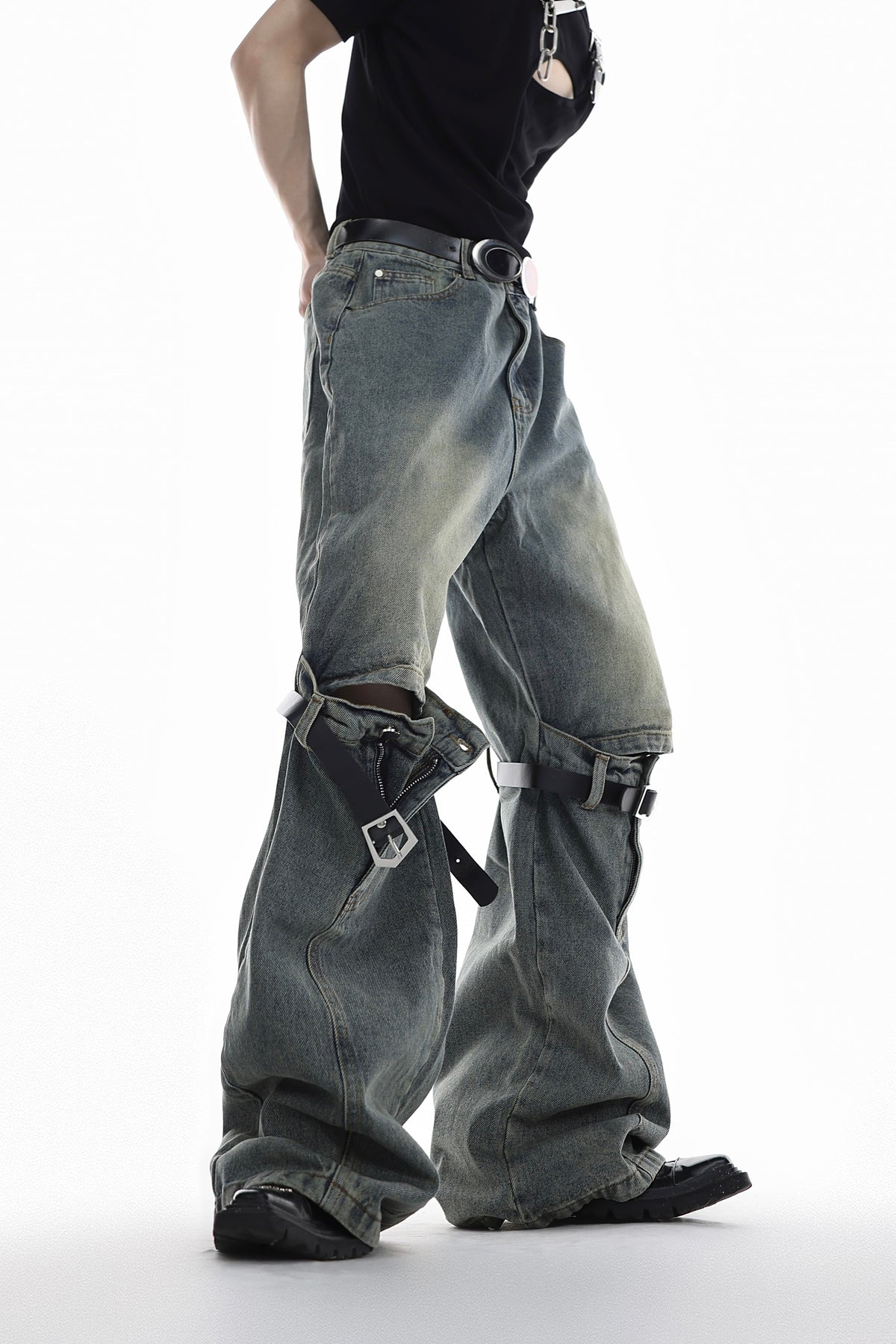 Vintage Buckle Strap Wide-Leg Jeans