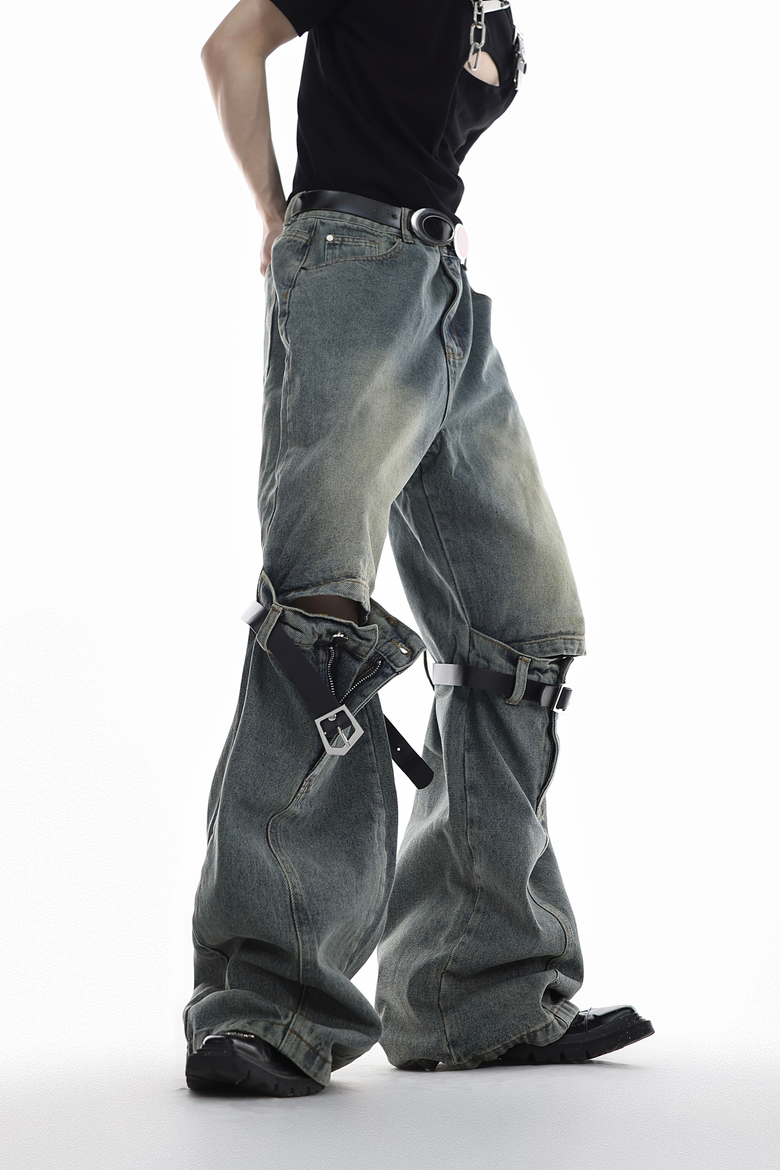 Vintage Buckle Strap Wide-Leg Jeans