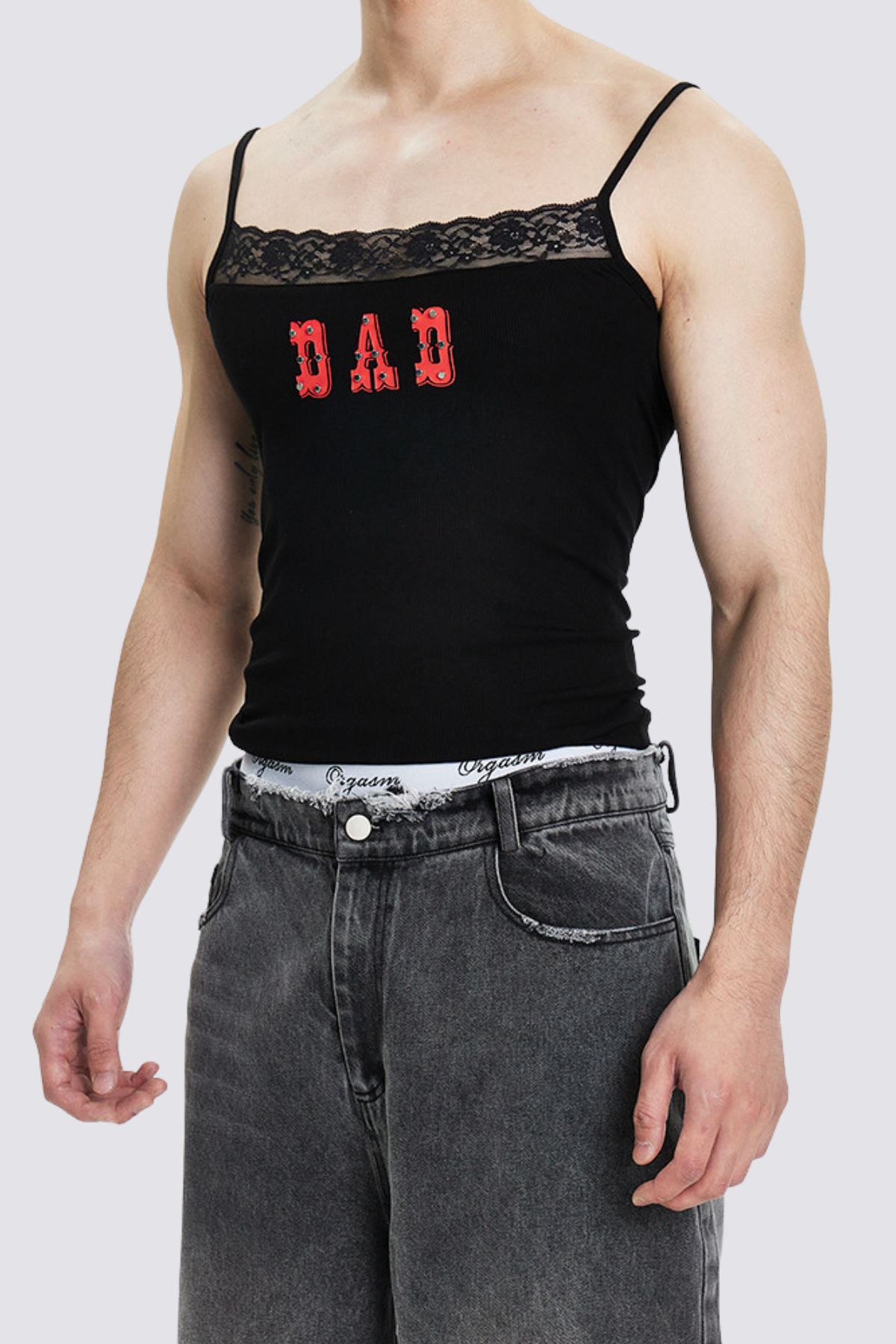 Open Divide Lace Print Spaghetti Crop Top
