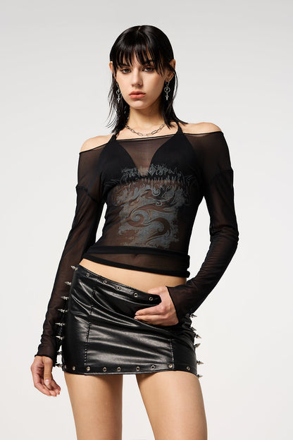 Open Frame Off Shoulder Mesh Ruffle Top