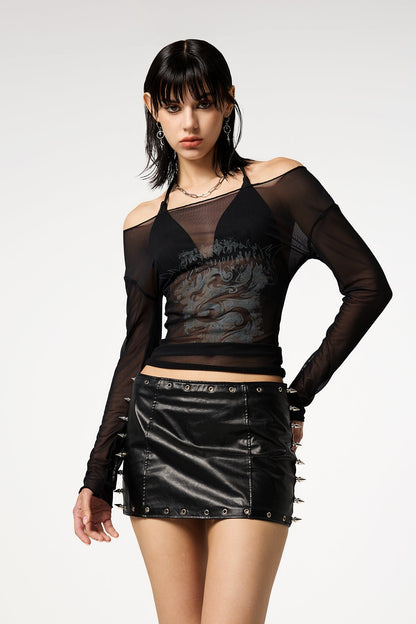 Open Frame Off Shoulder Mesh Ruffle Top