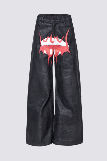 Pale Current Red Lip Rrint Wide Leg Jeans