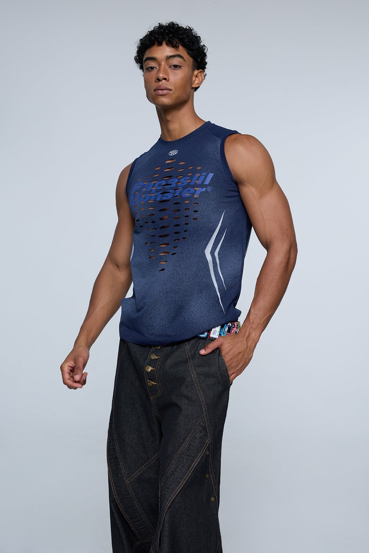 Pale Drift Sleeveless Ripped Cutout Print Top