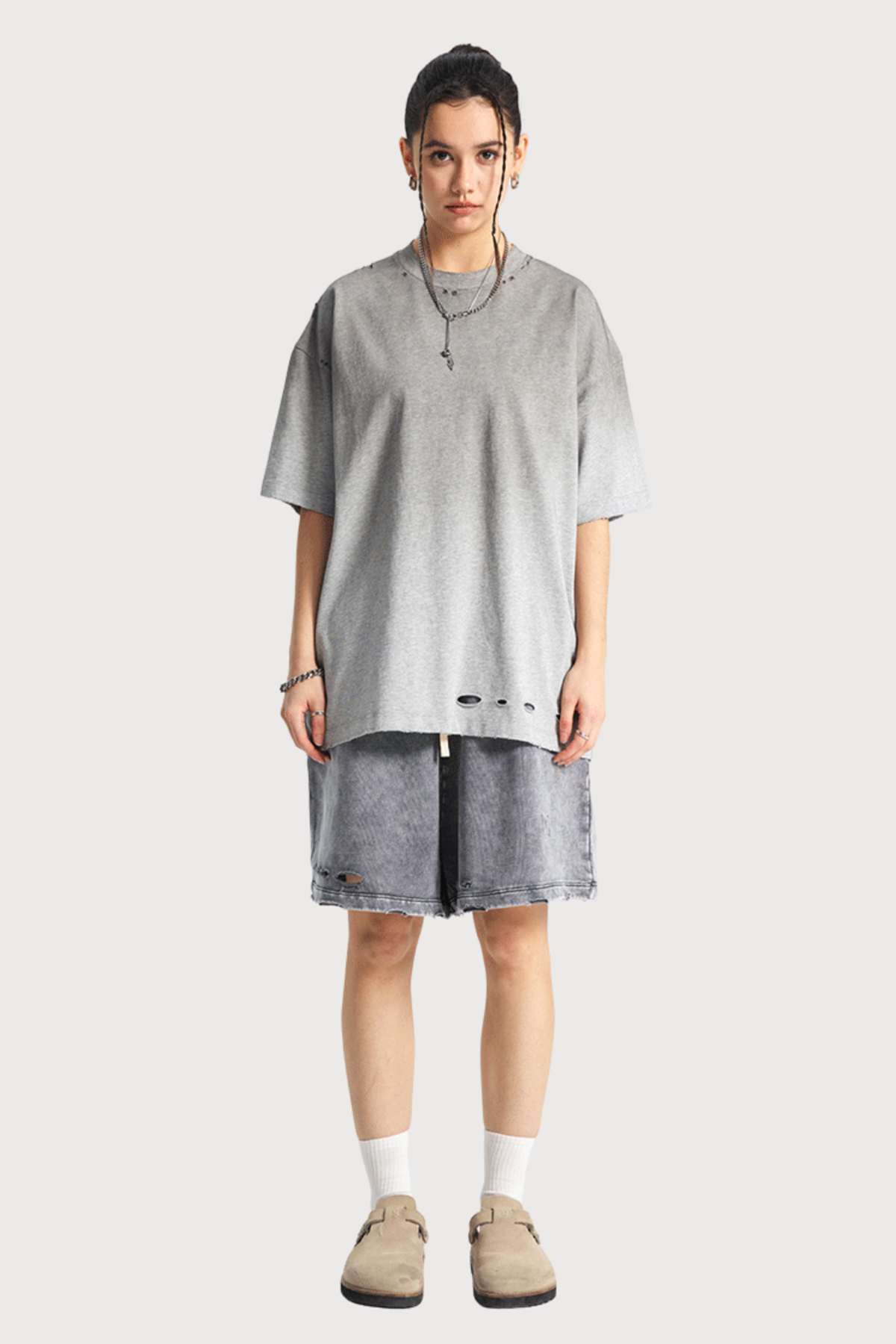 Pale Input Dye Ripped Top Grey