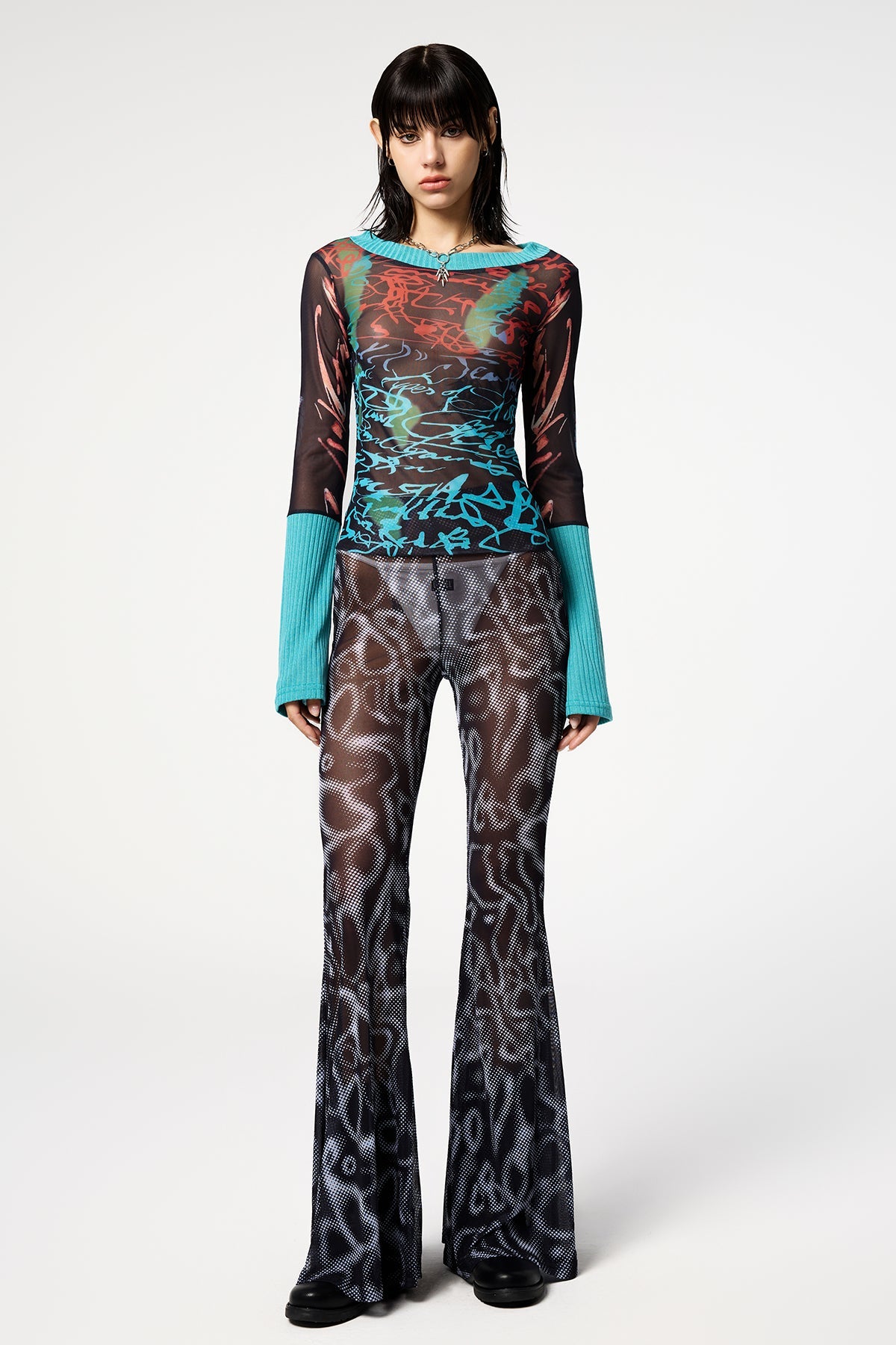 Pixel Crush Y2K Printed Long Sleeve Mesh Top