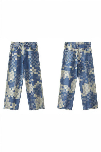 Plaid Patchwork Jeans - Oversized Wide-Leg Streetwear Pants