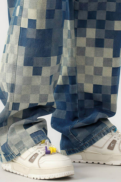Plaid Patchwork Jeans - Oversized Wide-Leg Streetwear Pants