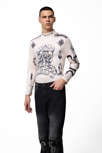 Plain Mark Long Sleeve Stretch Printed Top