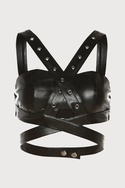 Power Clash Leather Buckle Backless Top