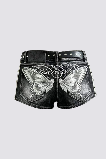 Prime Grain Butterfly Embroidered Denim Shorts