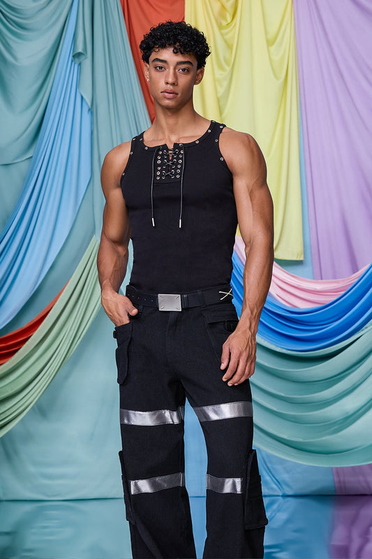 Prime Hollow Eyelet Lace Up Tank Top Black