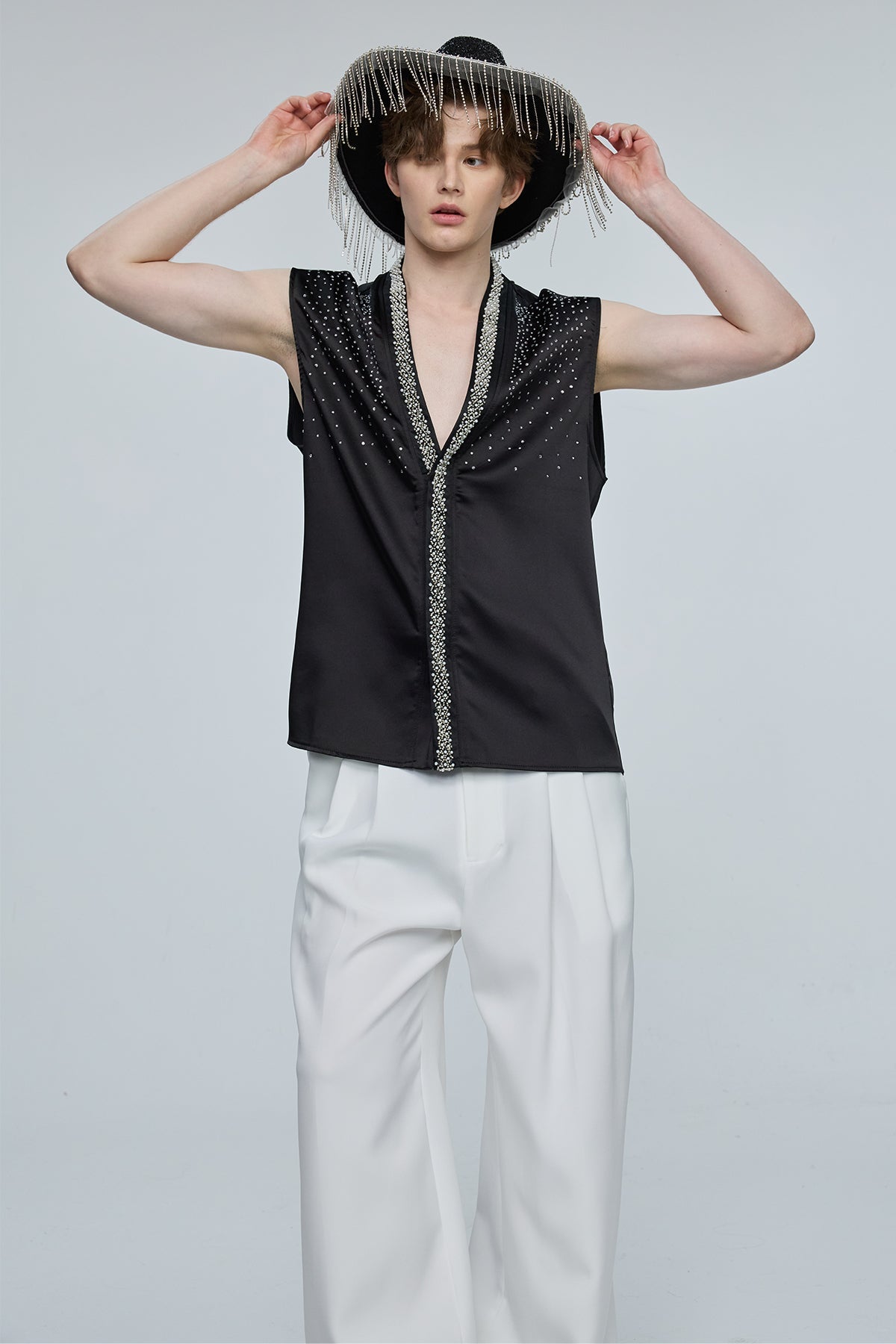 Prism Drive Sleeveless Rhinestone V Neck Top