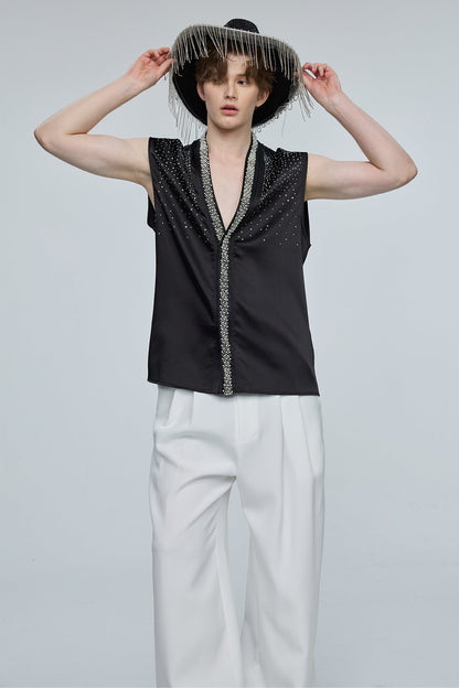 Prism Drive Sleeveless Rhinestone V Neck Top