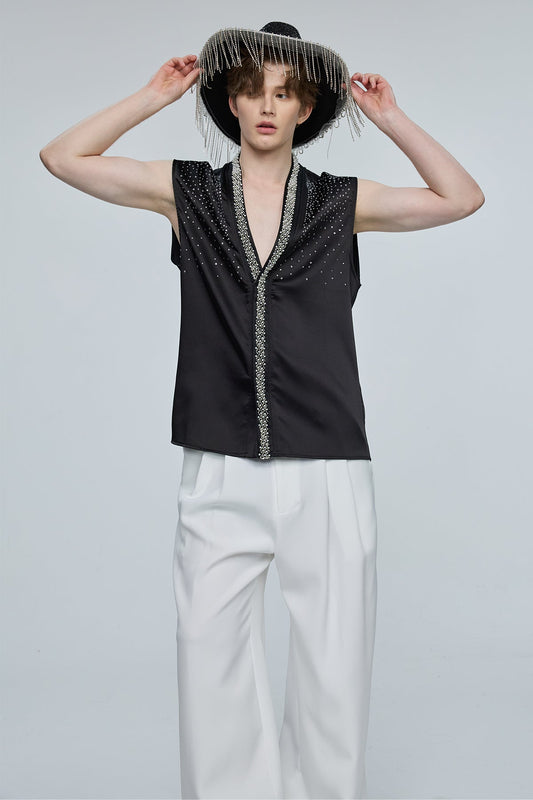 Prism Drive Sleeveless Rhinestone V Neck Top