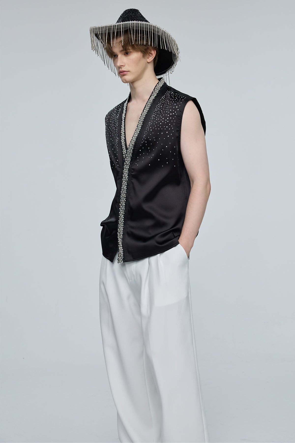 Prism Drive Sleeveless Rhinestone V Neck Top