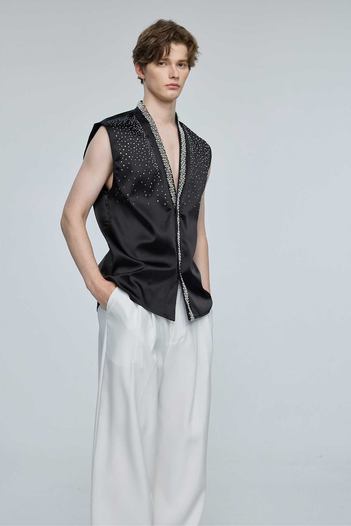 Prism Drive Sleeveless Rhinestone V Neck Top
