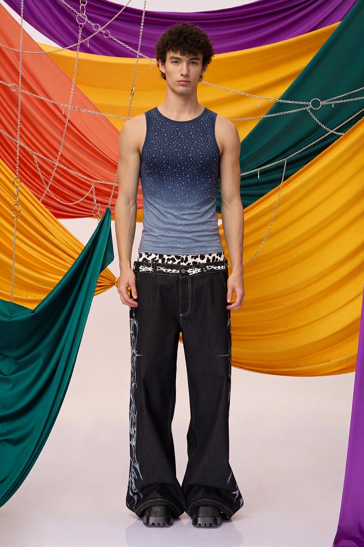 Prismatic Flash Rhinestone Tank Top Black