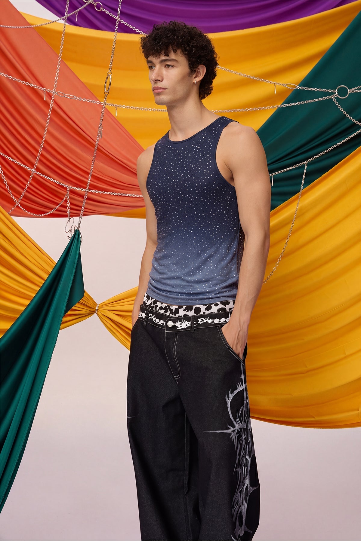 Prismatic Flash Rhinestone Tank Top Black