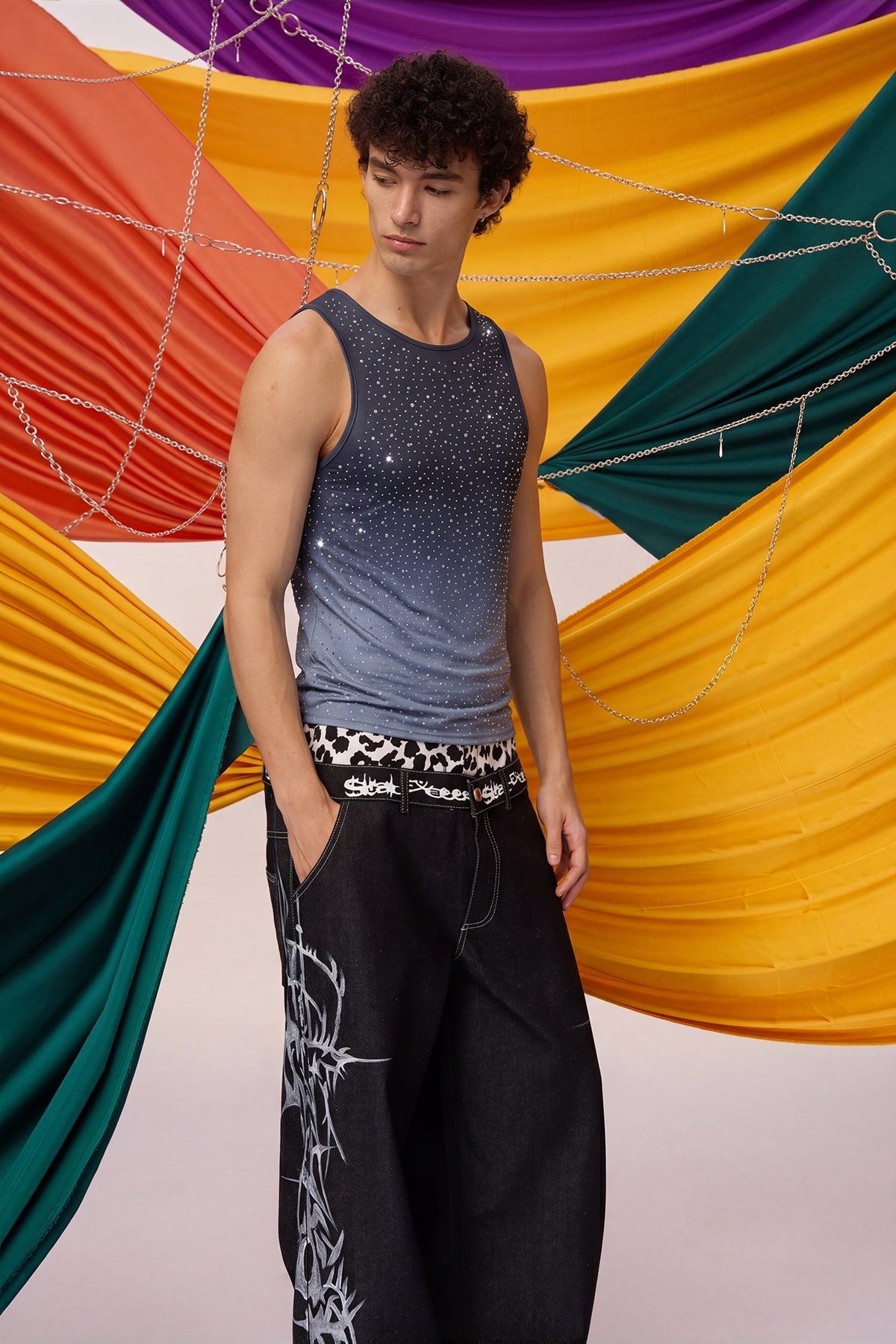 Prismatic Flash Rhinestone Tank Top Black