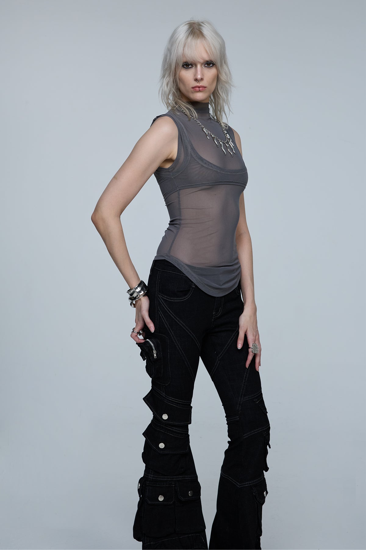 Pulse Grid Sleeveless Mesh Asymmetric Top