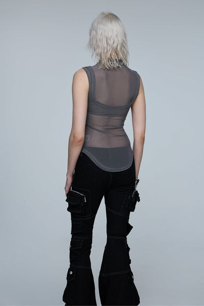 Pulse Grid Sleeveless Mesh Asymmetric Top