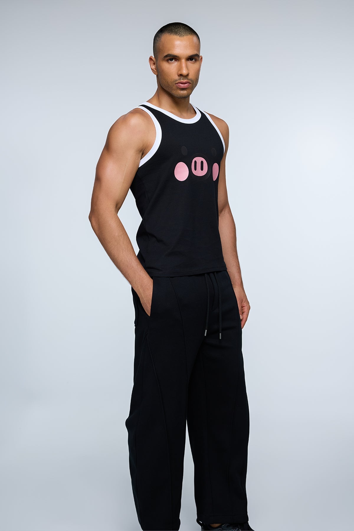 Pure Shoulder Pig Print Top Black