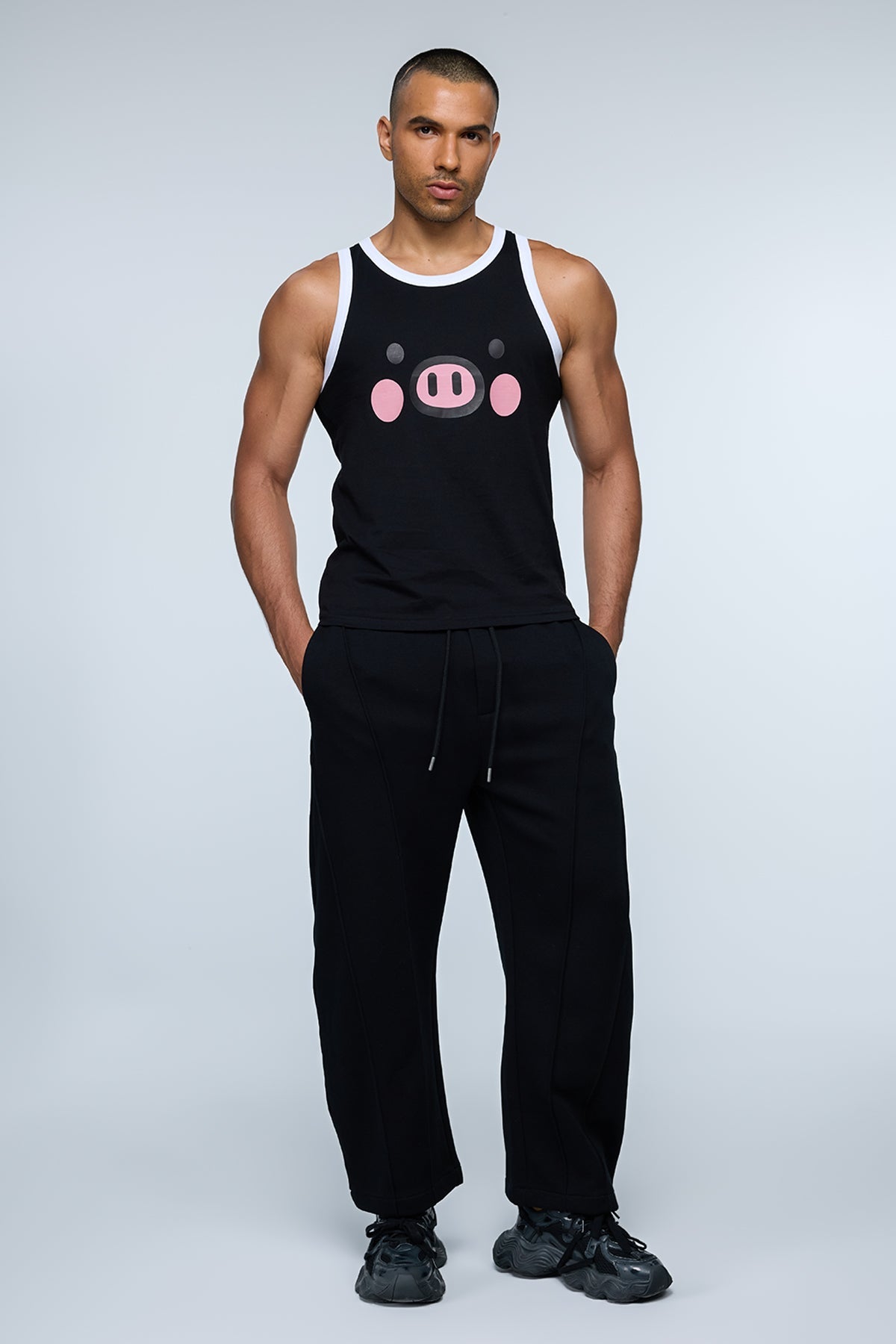Pure Shoulder Pig Print Top Black