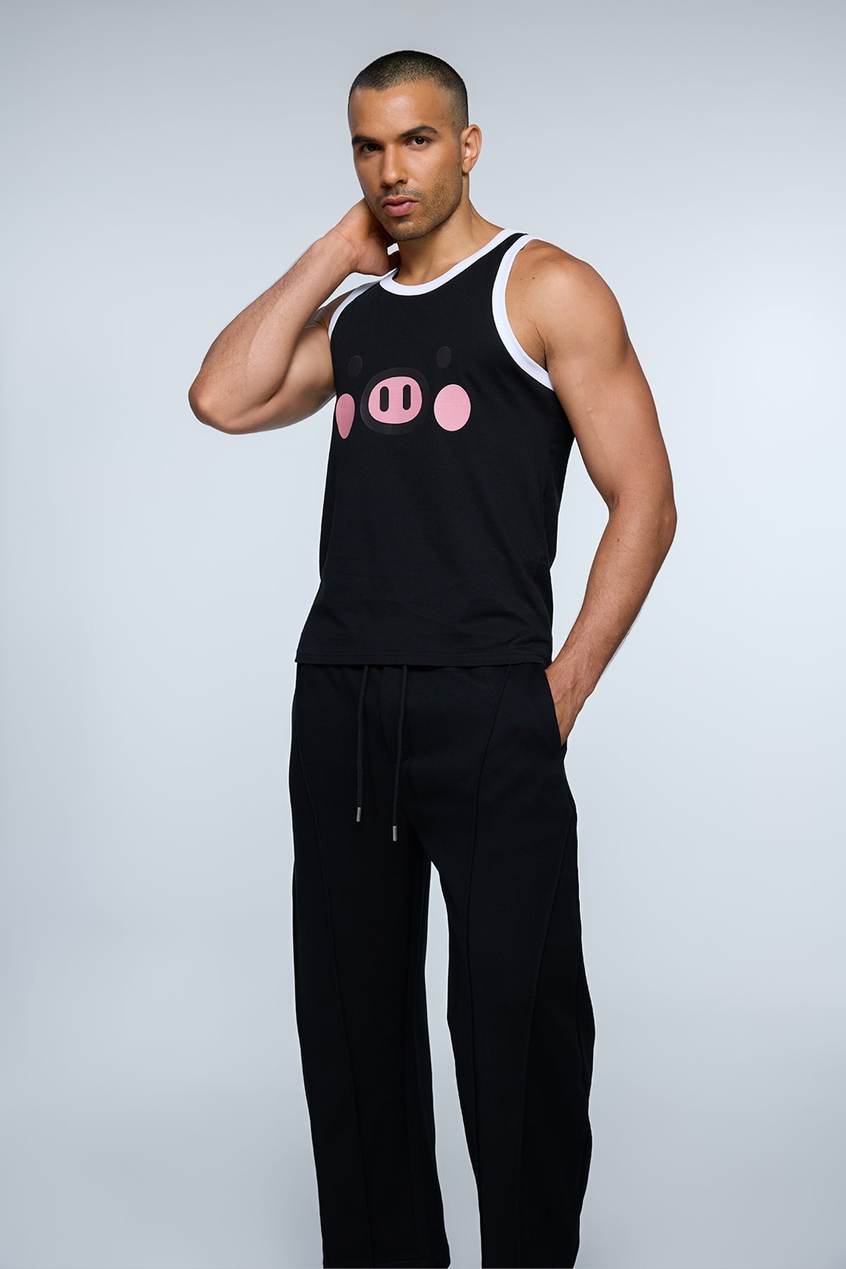 Pure Shoulder Pig Print Top Black