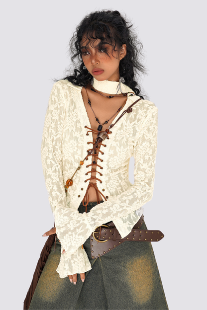 Pure Weave Lace Up Lace Long Sleeve Shirts