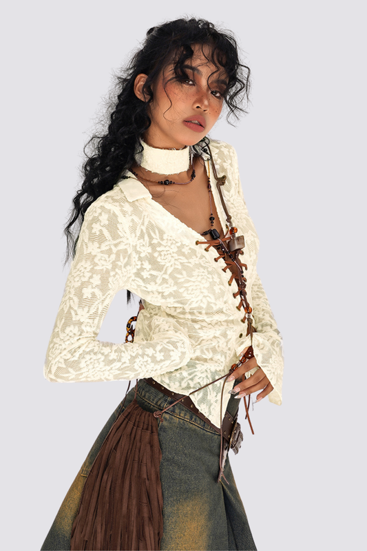 Pure Weave Lace Up Lace Long Sleeve Shirts