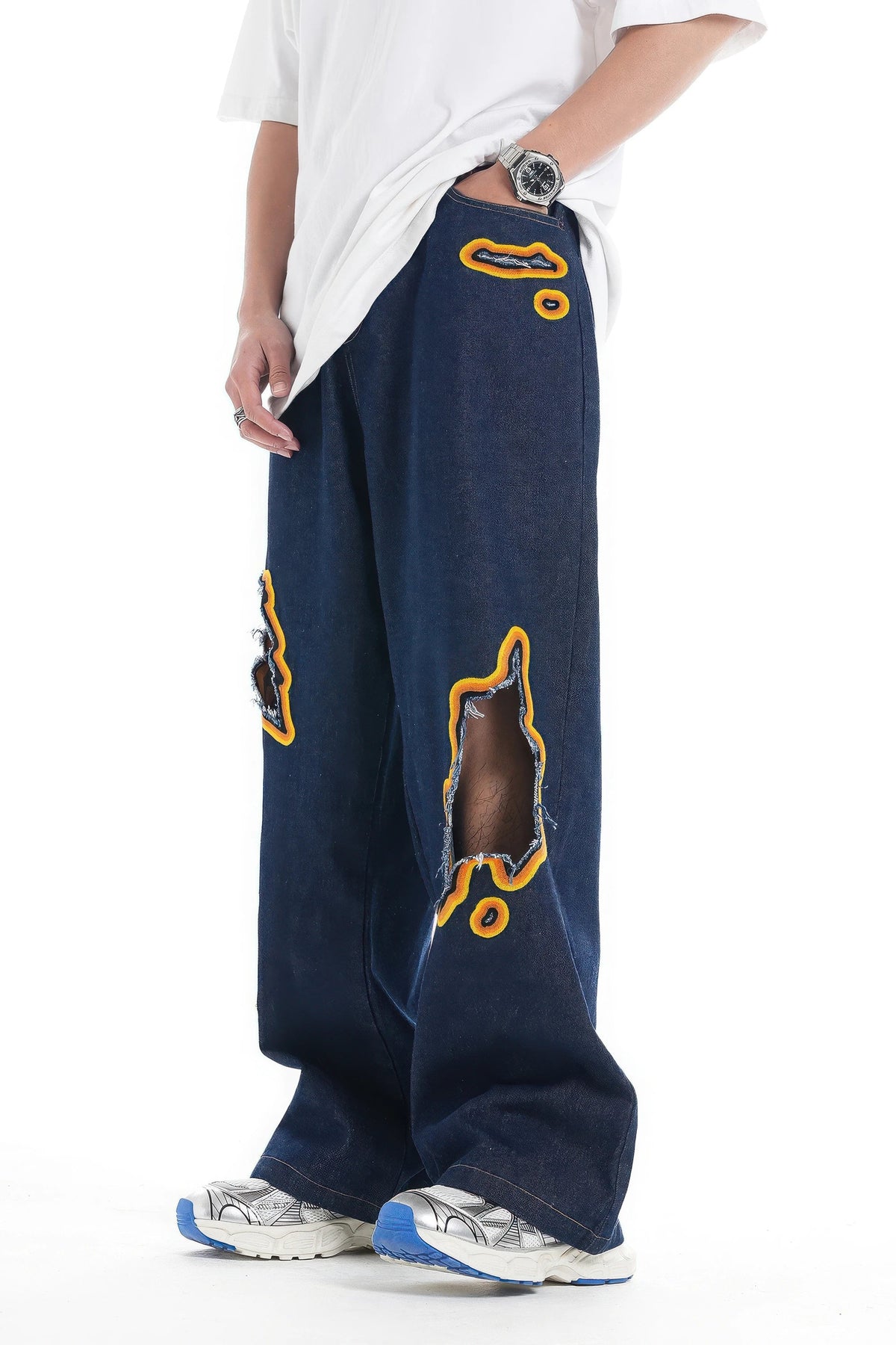 Flame Burnout Distressed Denim Jeans – Bold, Street Style Design