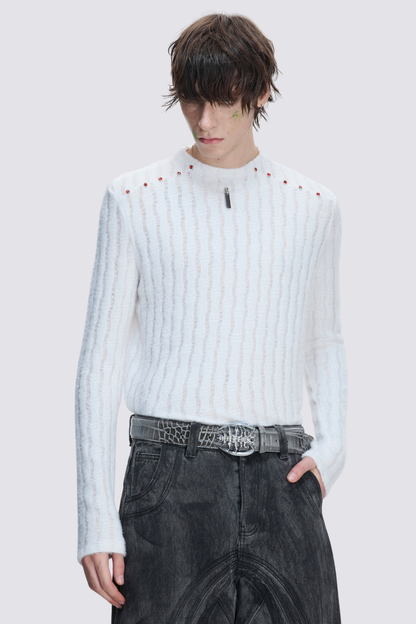 Quiet Density Rhinestone Long Sleeve Top White