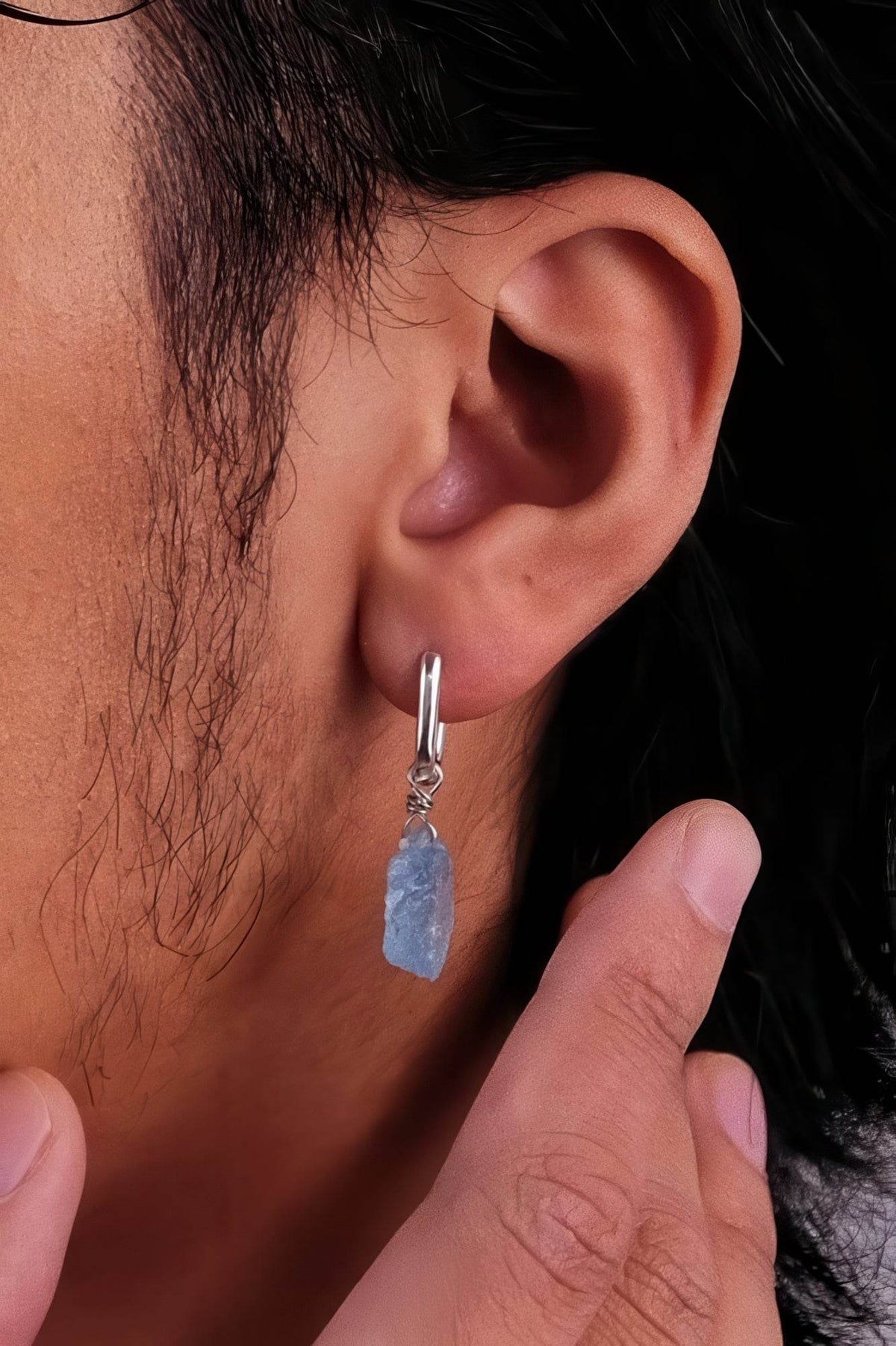Raw Aquamarine Drop Earrings - Unique Blue Stone Design