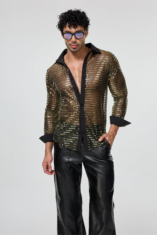 Radiant Excess Long Sleeve Sequin Shirt Gold