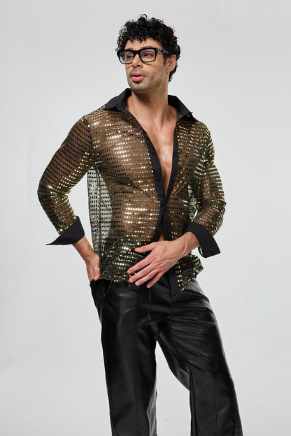 Radiant Excess Long Sleeve Sequin Shirt Gold