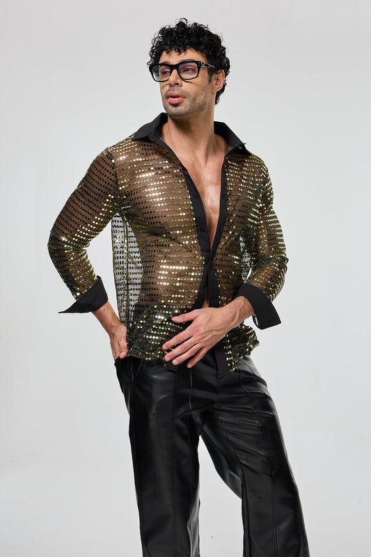 Radiant Excess Long Sleeve Sequin Shirt Gold
