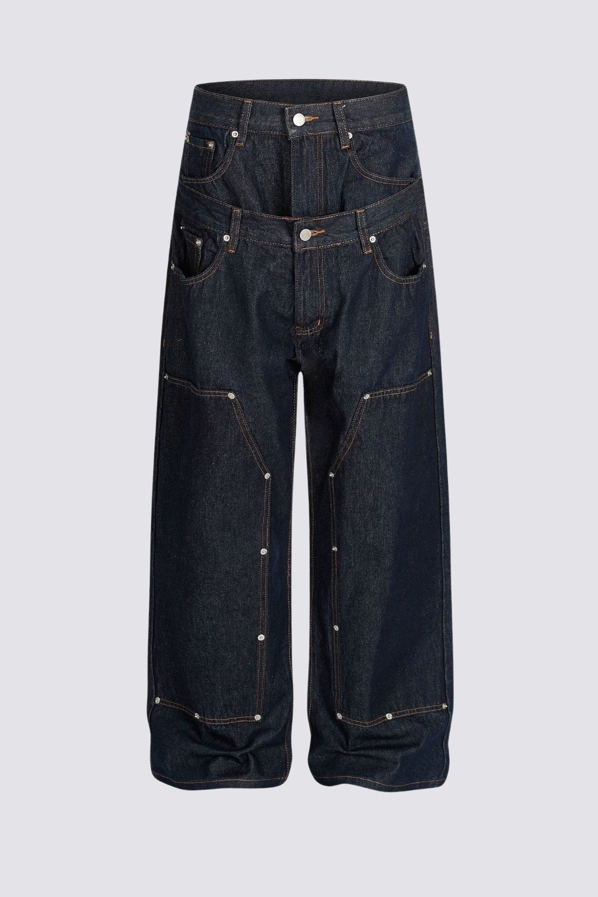 Raw Denim Wide Leg Double Waistband Jeans