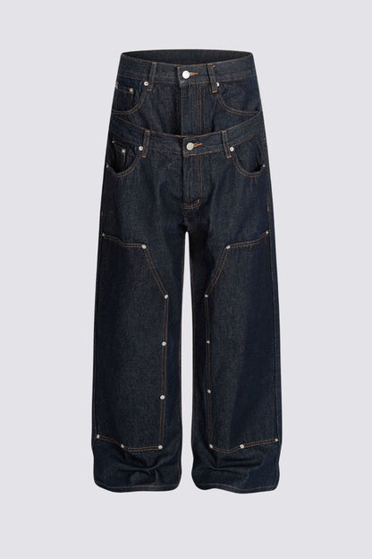 Raw Denim Wide Leg Double Waistband Jeans